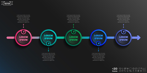 Timeline infographics design with colorful circles. Business concept. 5 options, parts, steps. Can be used for graph, diagram, chart, workflow layout, number options, web. Vector illustration.