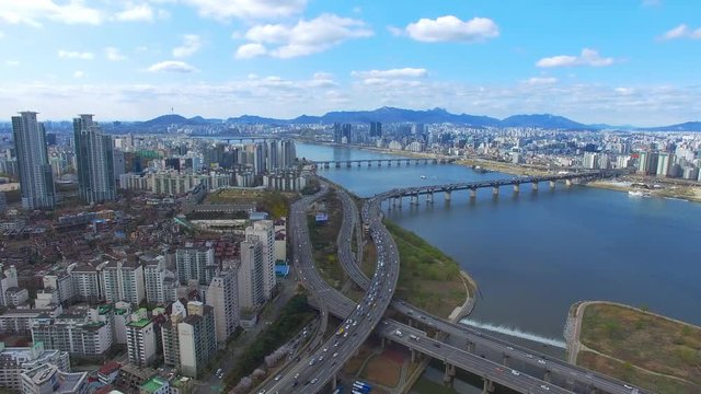 Korea, Seoul, Hangdang Dron View, Samdong, Cheongdam Bridge, drone shot