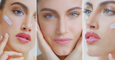 Collage of portraits of  woman with beautiful face with perfect skin just cleaned from impurities...