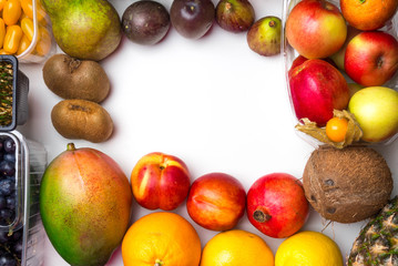 Healthy food background / studio photo of different fruits and vegetables on white background