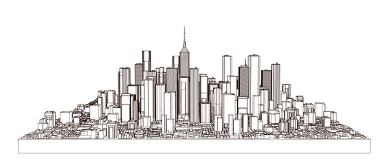 Fototapeta na wymiar 3D model of city. Vector outline illustration
