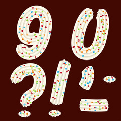 Tempting tipography. Font design. 3D numbers nine, zero and punctuation marks of the whipped cream and candy