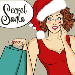 Secret Santa Girl with presents. Pop art woman