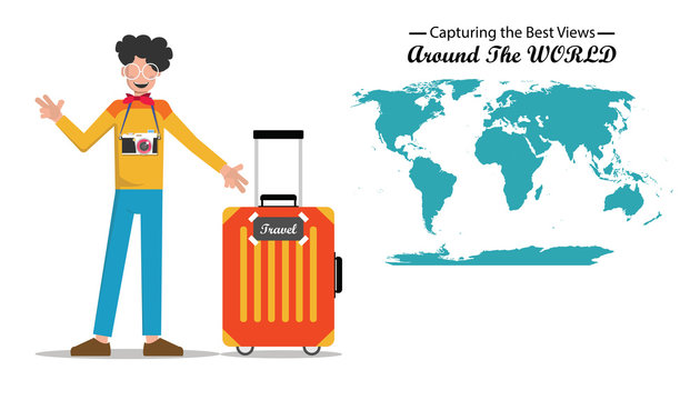 A man with his camera traveling around the world to capture good view or shoot concept. Modern designed, easy to edit and customize. Banner flat style. Vector illustration