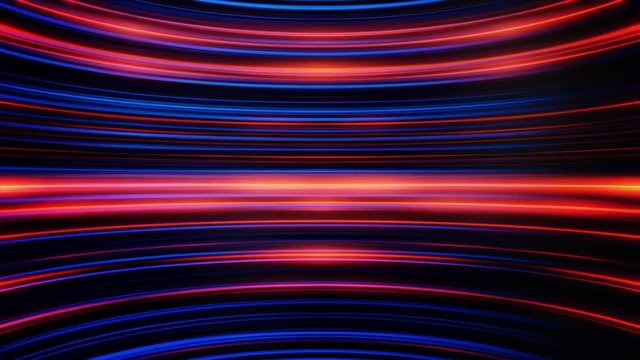 Waving stripes of shimmering light moving endlessly and parallel to each other. Abstract colorful background with curved, red and blue lines, seamless loop.