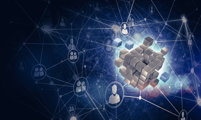 Concept of Internet and networking with digital cube figure on dark background