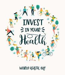 World Health Day. Vector illustration of people leading an active healthy lifestyle.