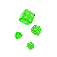 Four green dice isolated on white. Six and flying in the air, view from above.