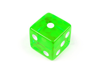 A UFO Green glass dice isolated on a white background with a shadow, one.