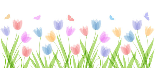 Obraz na płótnie Canvas Flat horizontal background template with hand drawn pastel colors tulips. Spring flowers. Elements for design, scrapbooking, pacaging, wallpaper