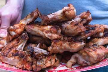 partial view of man holding plate with grilled chicken wings