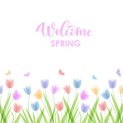 Flat horizontal background template with hand drawn pastel colors tulips. Spring flowers. Elements for design, scrapbooking, pacaging, wallpaper