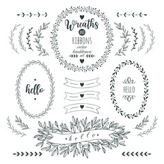 Collection of hand drawn vector laurels, wreaths, ribbons and branches. 