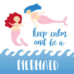 Mermaids card with hand drawn sea elements and lettering. Calligraphy summer quote with blue water drops. Vector print for invitations, posters, t-shirts, phone case etc.