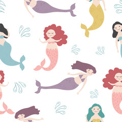 seamless beautiful mermaid girl pattern vector illustration