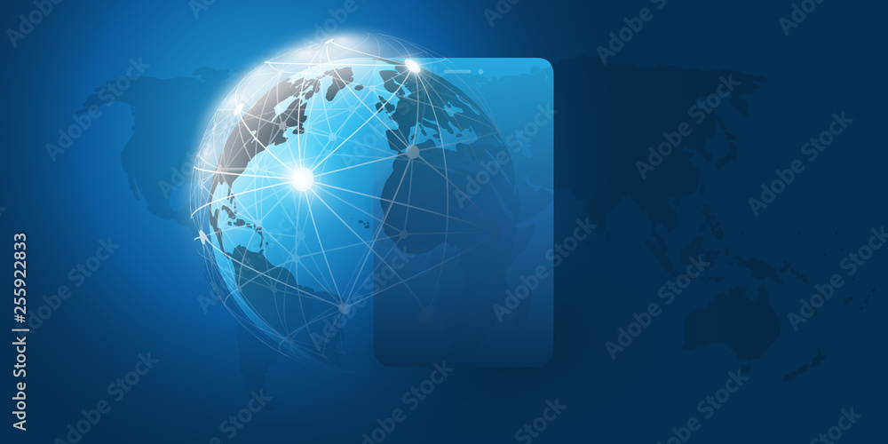 Poster global networks design with network mesh, earth globe and smartphone silhouette - vector template fo
