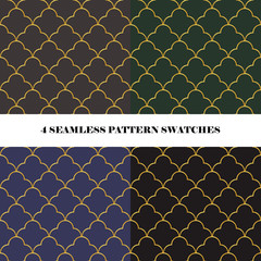Vector set of 4 golden Moroccan fern seamless repeat pattern swatches in dark colors. Oriental background.