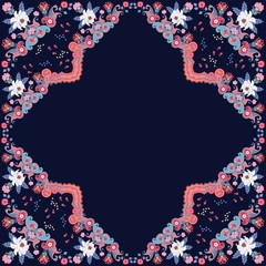 Endless print for fabric, square carpet or ethnic shawl with garden flowers, butterflies and paisley on dark blue background.