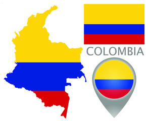 Colorful flag, map pointer and map of the Colombia in the colors of the Colombian flag. High detail. Vector illustration