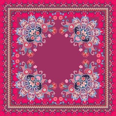 Ethnic bandana print with ornamental border. Silk neck scarf with beautiful flowers, butterflies, mandala and paisley. Rug in indian style.