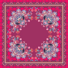 Obraz premium Ethnic bandana print with ornamental border. Silk neck scarf with beautiful flowers, butterflies, mandala and paisley. Rug in indian style.