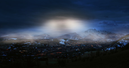 beautiful view of Zakopane and the Polish Tatra Mountains at night