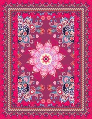 Fantasy carpet or pashmina with flowers, mandala, paisley, butterflies and ornamental frame in oriental style. Indian, persian motives.