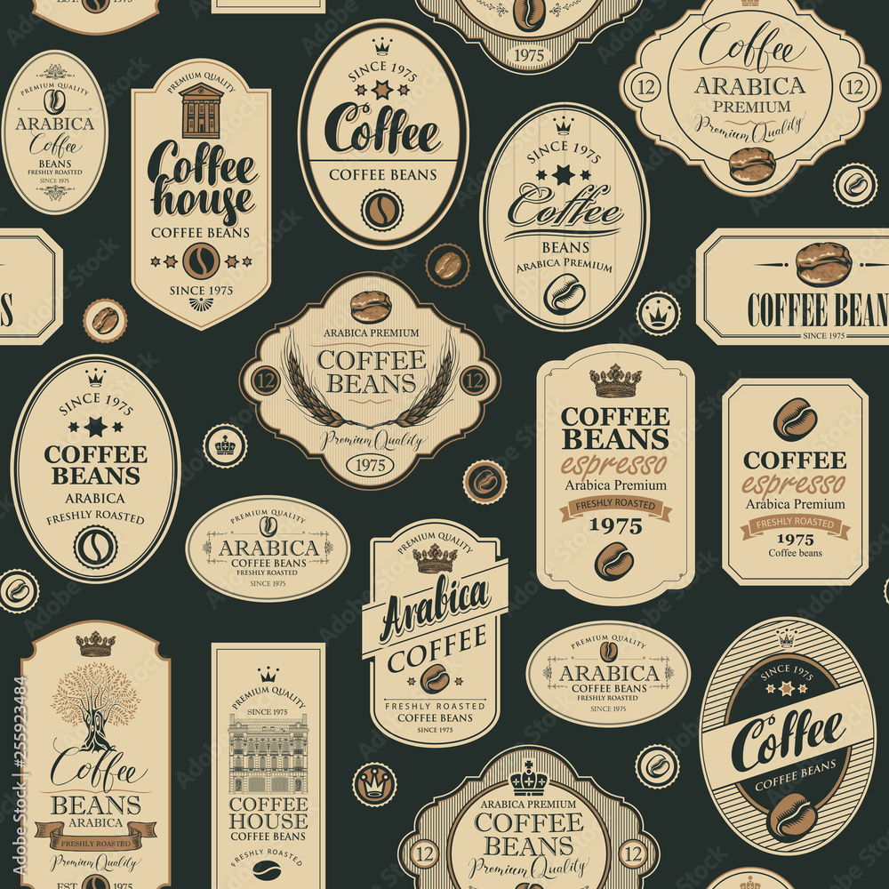 Aufkleber vector seamless pattern on coffee and coffee house theme with various labels in retro style on the b