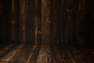 Grunge dark wood background wall and floor. wooden texture. surface, display backdrop, put product.
