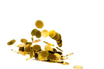 Movement of falling gold coin, flying coin, rain money isolated on white background, business and financial wealth and take profit concept.