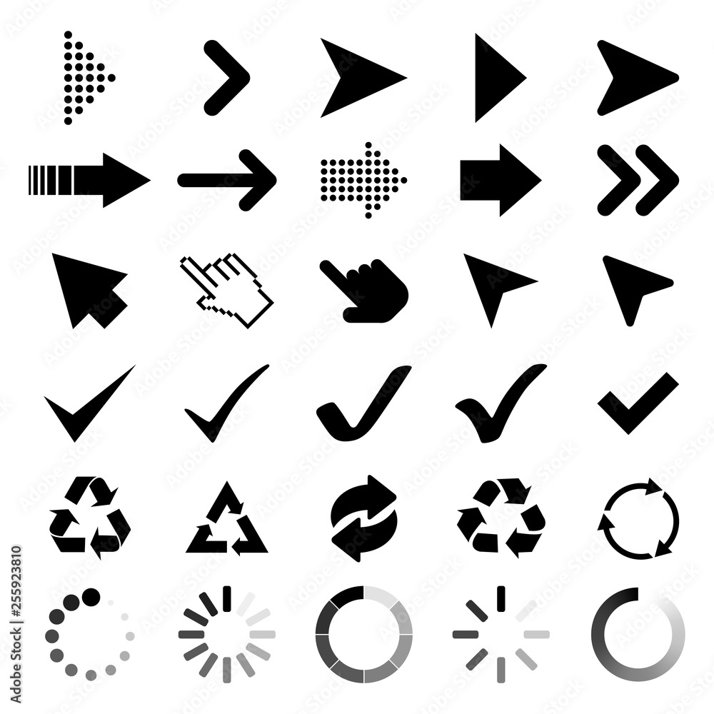 Poster collection arrows, cursor icons, check marks, black recycle and loading symbol. arrow icons. cursor 