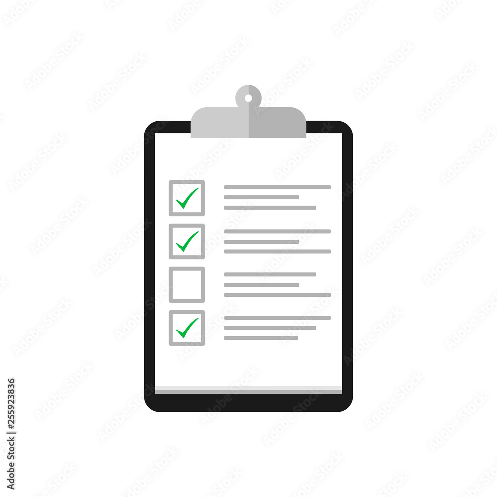 Poster clipboard with cheklist and check mark in flat design. tasks icon
