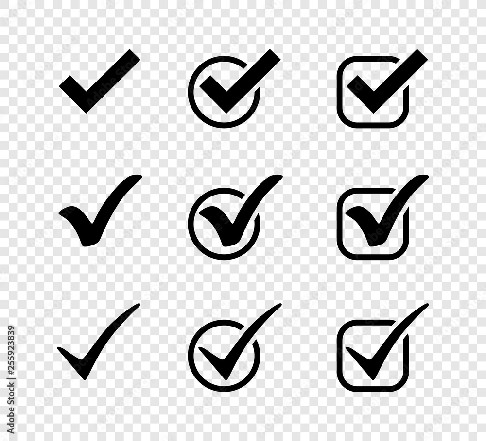 Aufkleber three black vector check mark icons in circles and squares. check mark icons. collection black check