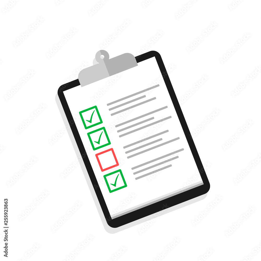 Poster clipboard with cheklist and check mark in flat design. tasks icon