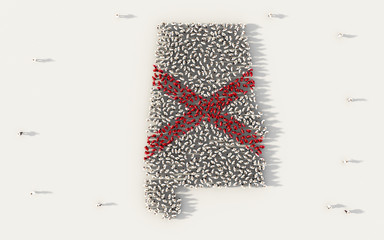 Large group of people forming Alabama flag map in The United States of America, USA, in social media and community concept on white background. 3d sign symbol of crowd illustration from above