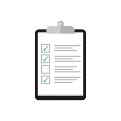 Clipboard with cheklist and check mark in flat design. Tasks icon