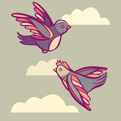 Couple of cute cartoon birds in sky with clouds, pastel colours