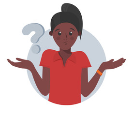 Cartoon pretty black girl doubts, thinks why. Woman with question mark. Vector illustration