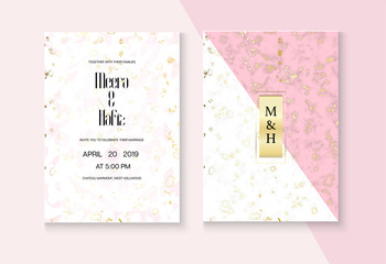 Abstract Marble Wedding Invitation Vector Set. Marbling Texture, Pink, Grey, White Invitation Card. RSVP, Thank You Card, Grunge Concept or Poster. Noble Soft Faded Nice Fashion Marble Wedding Kit