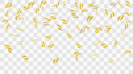 Golden confetti. Festive background. Falling shiny confetti. Golden confetti background. Vector golden design elements. Festive tinsel. Template for holiday card, banner, solemn presentation, mockup.
