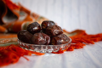 fthar Food evening meal for Ramadan kareem,Concept: Date of Islamic fasting,fruit date placed on a...