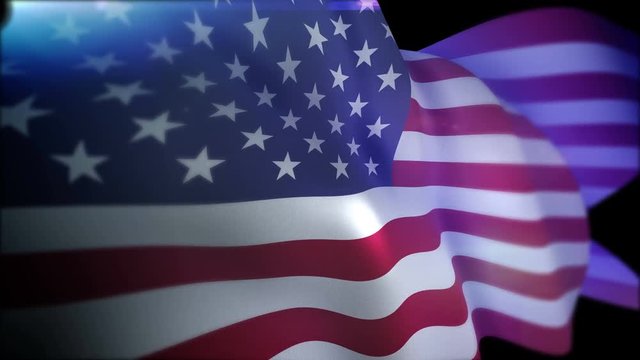 Gorgeous 3d rendering of a large banner of the USA called as The Stars and Stripes flapping in the black background cheerfully. The standard looks optimistic, powerful and modern
