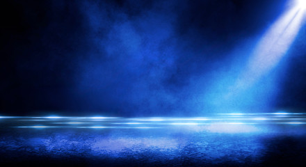 Wet asphalt, reflection of neon lights, a searchlight, smoke. Abstract light in a dark empty street with smoke, smog. Dark background scene of empty street, night view, night city.