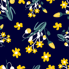 Fototapeta na wymiar Seamless pattern with small flowers on background. Modern and Trendy fashionable floral texture for fabric, wallpaper, interior, tiles, print, textiles, packaging and various types of design