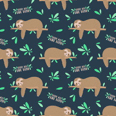 Seamless pattern of sleepy cute sloths in the night. Hand-drawn illustration of sloth for kids, tropical summer, nursery, textile, texture, print, cover, clothes, fabric. Transparent background © Anton