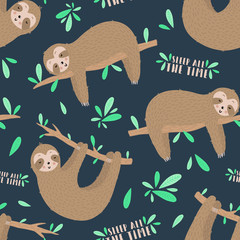 Seamless pattern of sleepy sloths in the night. Hand-drawn illustration of sloth for kids, tropical summer, nursery, textile, texture, print, cover, wallpaper, fabric. Transparent background © Anton