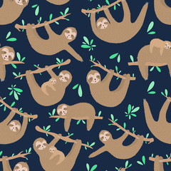 Seamless pattern of sleepy cute sloths in the night. Hand-drawn illustration of sloth for kids, tropical summer, textile, texture, print, cover, wallpaper, fabric, wrapping. Transparent background © Anton