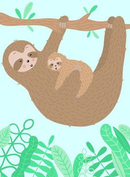 Vector image of a sleppy sloth with baby on the branch. Hand-drawn cartoon illustration for child, summer, holiday, blue card, banner, print, mother's day, mom, poster, love hugs