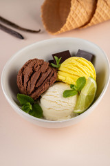 Trio of tasty chocolate vanilla and lime flavored frozen dessert in a white bowl.