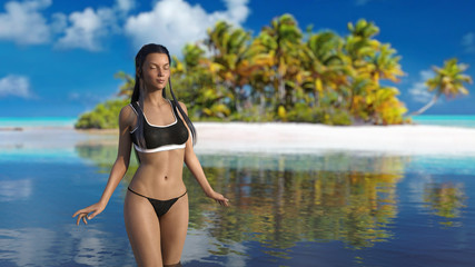 Obraz premium Woman on a desert island enjoying relaxation and tranquility 3d render
